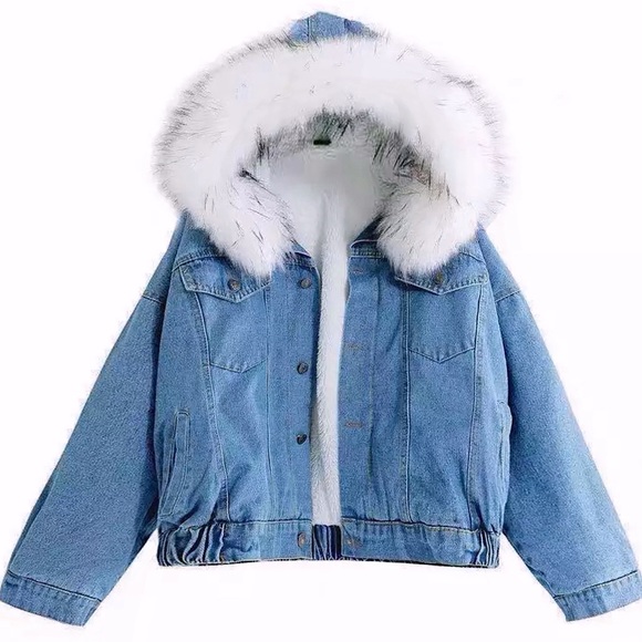 Denim Jean Jacket with Fur Hood - Picture 1 of 4